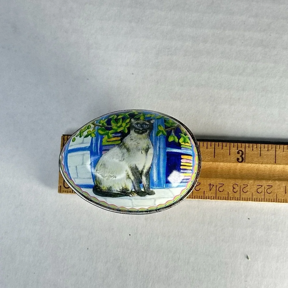 Vintage Cat Tin Egg Trinket Box – Siamese Cat Illustration, Rustic Cottage Decor